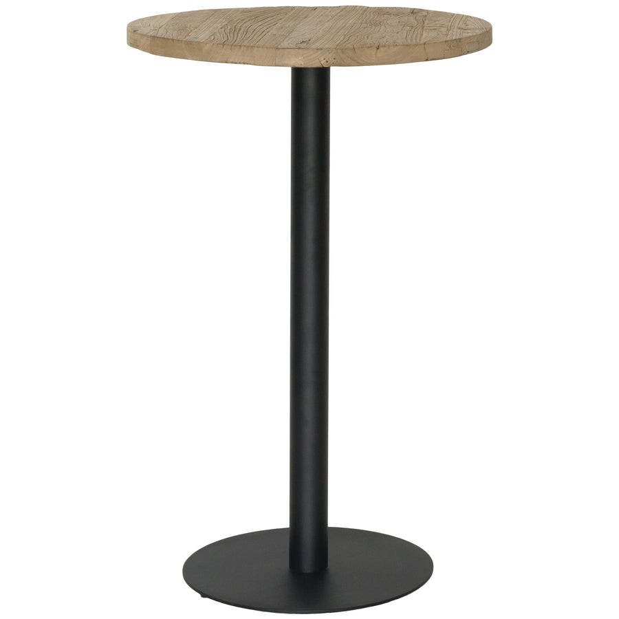 Uniqwa timber bar table top and black metal bar table base with circular pedestal, suitable for commercial and hospitality settings.