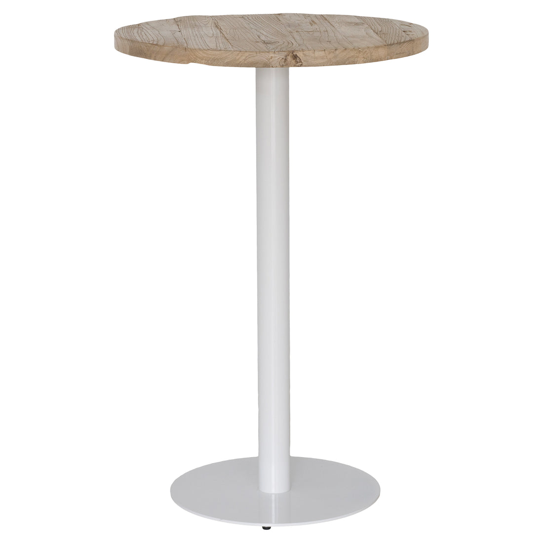 Uniqwa timber bar table top and white metal bar table base with circular pedestal, suitable for commercial and hospitality settings.