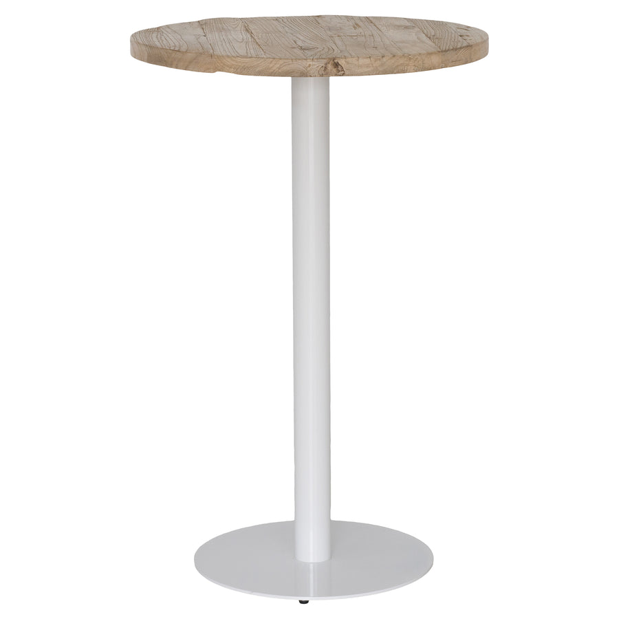 Uniqwa timber bar table top and white metal bar table base with circular pedestal, suitable for commercial and hospitality settings.